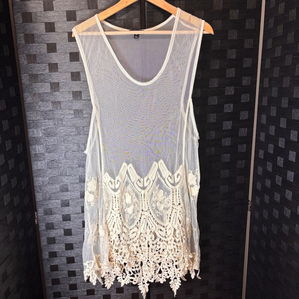 6th & Lane Lace Mesh Tunic Tank Top Womens 18 Cream Beach Boho Sheer Embroidered
